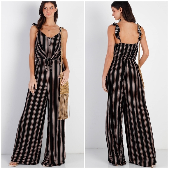 SUGAR+LIPS Boho Chic Black Striped Front Knot Relaxed Fit Jumpsuit - Picture 4 of 5